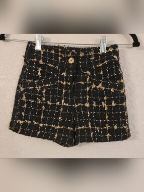 High-Waist Black Tweed Grid Shorts with Gold Accents